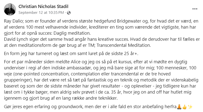 Det var en stor fornøjelse at undervise Christian og Alice Stadil, som deltog i kursus i Transcendental Meditation i august 2024 i Center for Transcendental Meditation i Rungsted. 